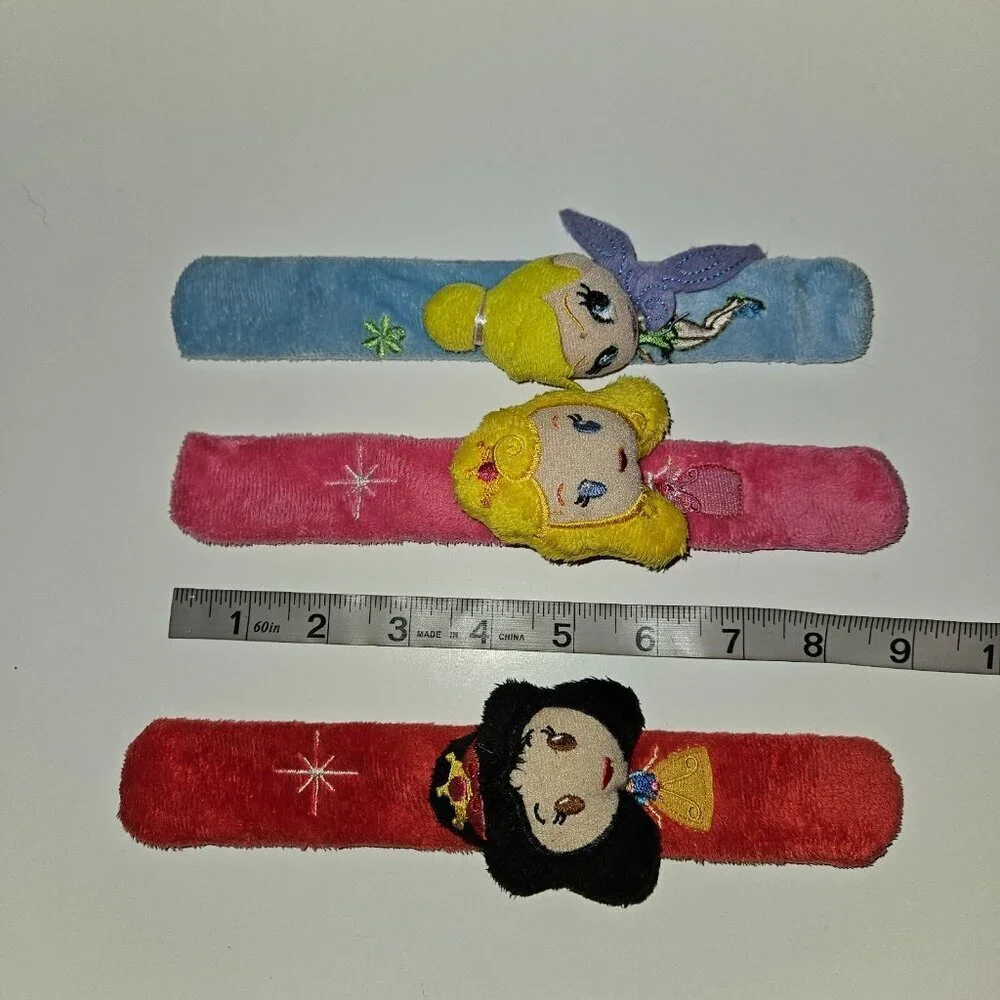 3 Disney Princess Plush Slap Bracelet Lot Snow White Tinkerbell Aurora